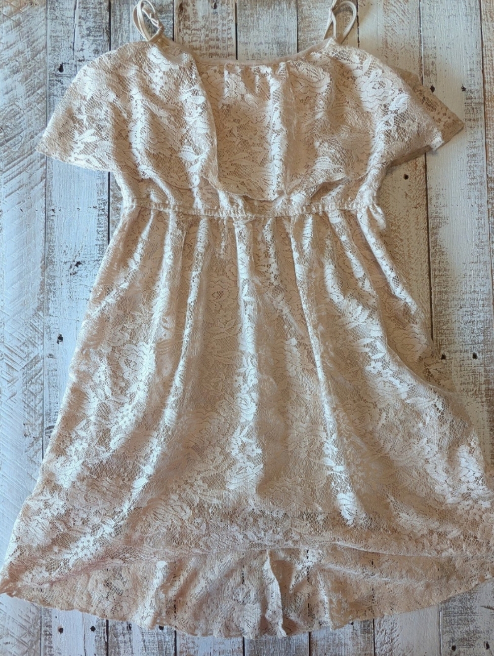 baileyblue Lace Floral Fit & Flare Dress Beige Short Sleeve Hi Lo Size L